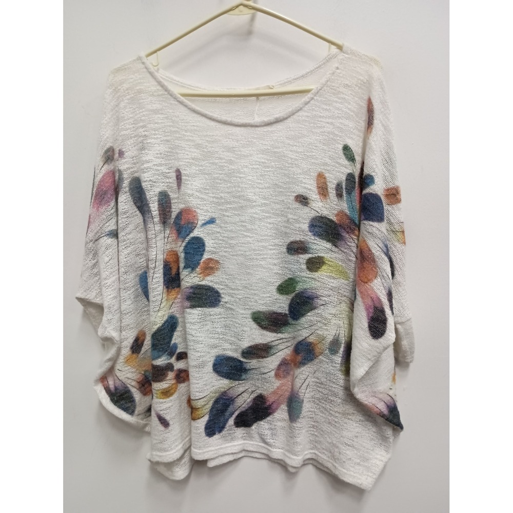 Phil Love Artsy Knit Top Women 1X White Colorful Feather Print Batwing Sleeve